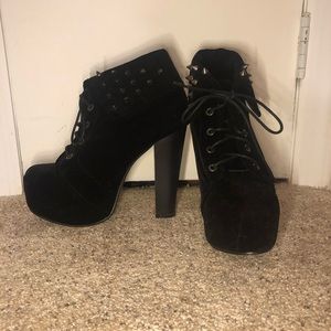 Black Velvet Spike Platform Chunky Lace Up Bootie